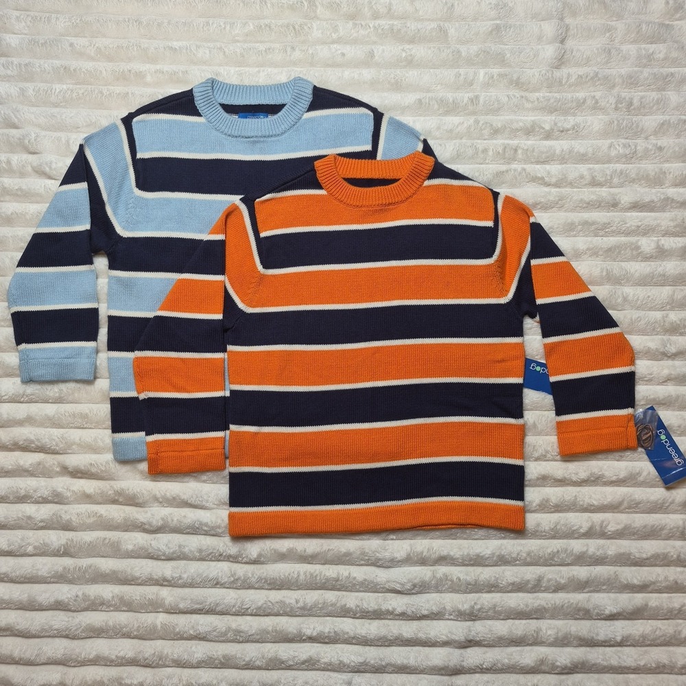 Greendog Boys Striped Cotton Knit Sweaters Set of 2 Orange Blue Navy Size 5 NWT